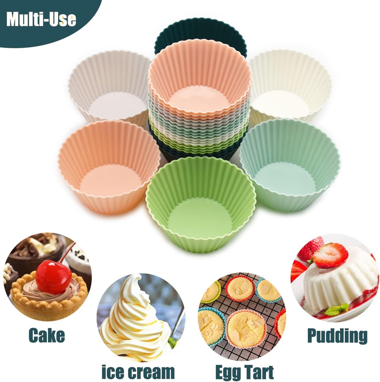 Silicone Cupcake Baking Cups 24 Pack, Reusable & Non-stick Muffin Cupcake Liners Holders Set for Party Halloween Christmas, Easy Clean Pastry Muffin Molds（Pack of 24,Multicolor）