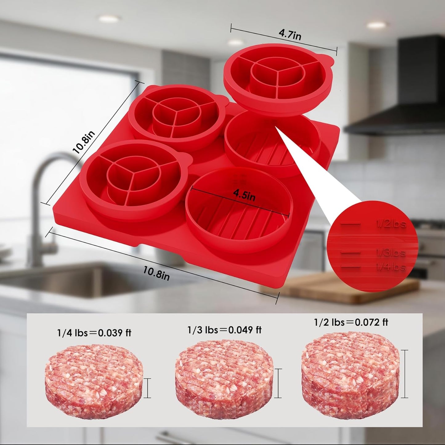 Hamburger Patty Press Maker, Silicone Burger Press Mold with Lid,4 Sealed Cavities,4.5 inch, Adjustable Thickness (1/4-1/2lbs) Hamburger Patty Container, Non-Stick,for Grill, BBQ, Meal Prep