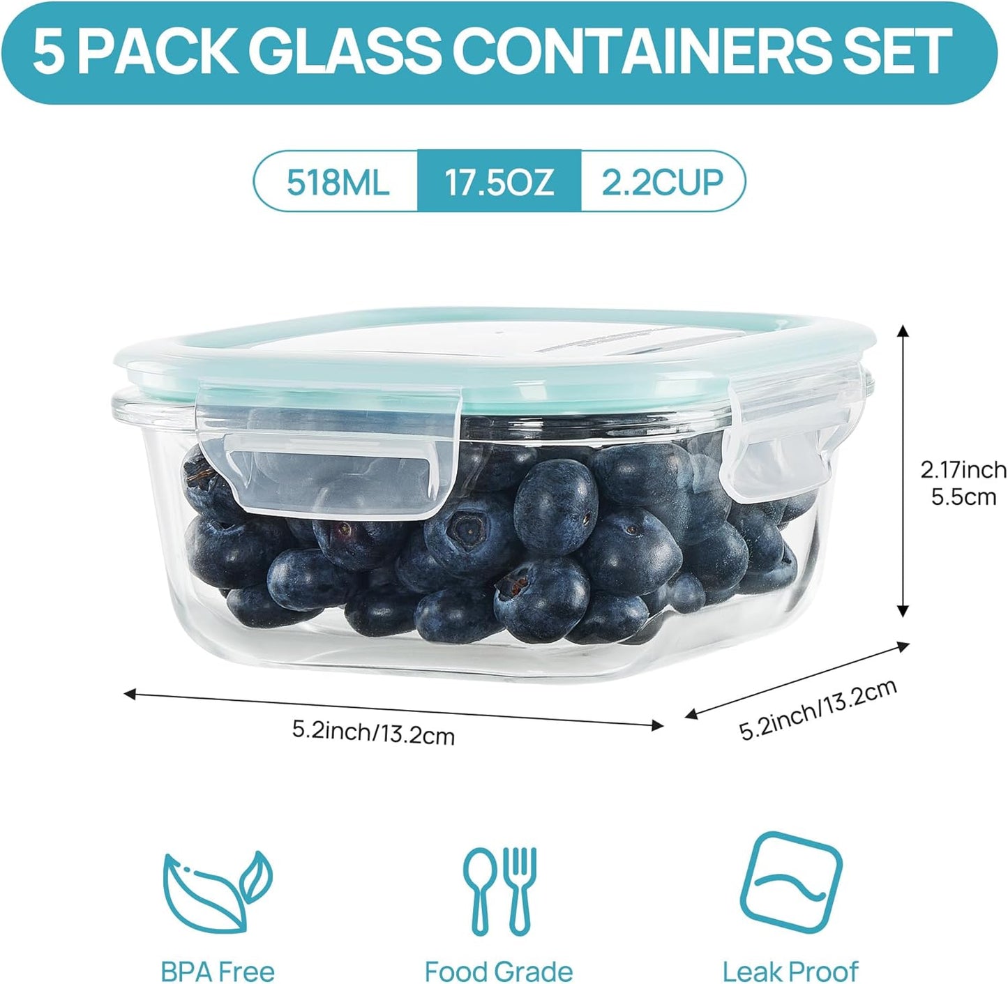 Vtopmart 5 Pack 35oz Glass Food Storage Containers with Lids, Meal Prep Containers, Airtight Reusable Lunch Container Set, Safe for Oven, Microwave, Freezer, and Dishwasher, Grey