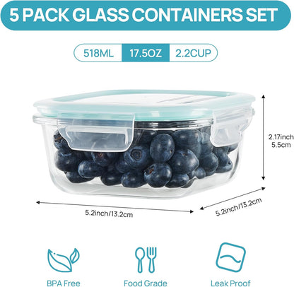 Vtopmart 5 Pack 35oz Glass Food Storage Containers with Lids, Meal Prep Containers, Airtight Reusable Lunch Container Set, Safe for Oven, Microwave, Freezer, and Dishwasher, Grey