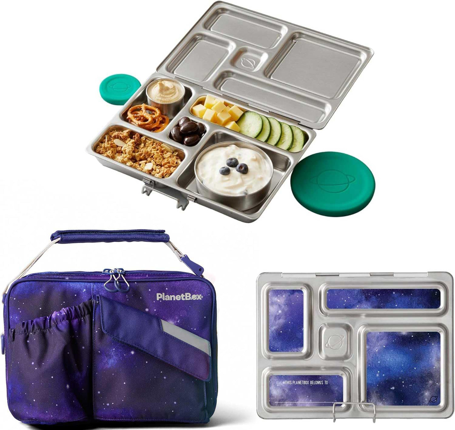 PlanetBox Rover Stainless Steel Bento Box Style Lunch Box Kit for Kids with 5 Compartments – Space Animals Edition includes Insulated Lunch Bag, Leakproof Food Containers and Matching Magnets