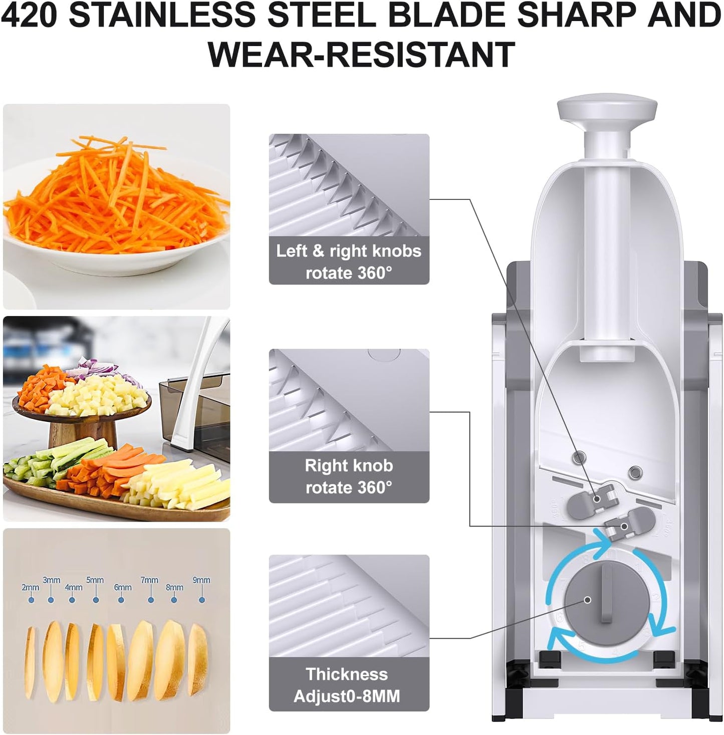 [All in 1] Upgraded Version Safe Mandoline Slicer for Kitchen, Adjustable Thickness. Veggie Slicer, Rapid Prep Mandoline, Detachable Blade, Cleaning Brush/Paring Knife (Black Knight)
