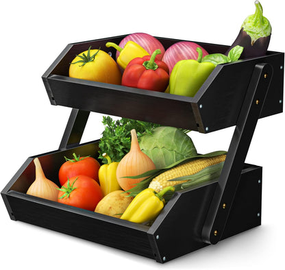 G.a HOMEFAVOR Large Bamboo Fruit Basket, 2-Tier Fruit Bowl for Kitchen Counter, Vegetable Storage Stand for Fruit Shop, 15 mm Thickness (Self-assembly)