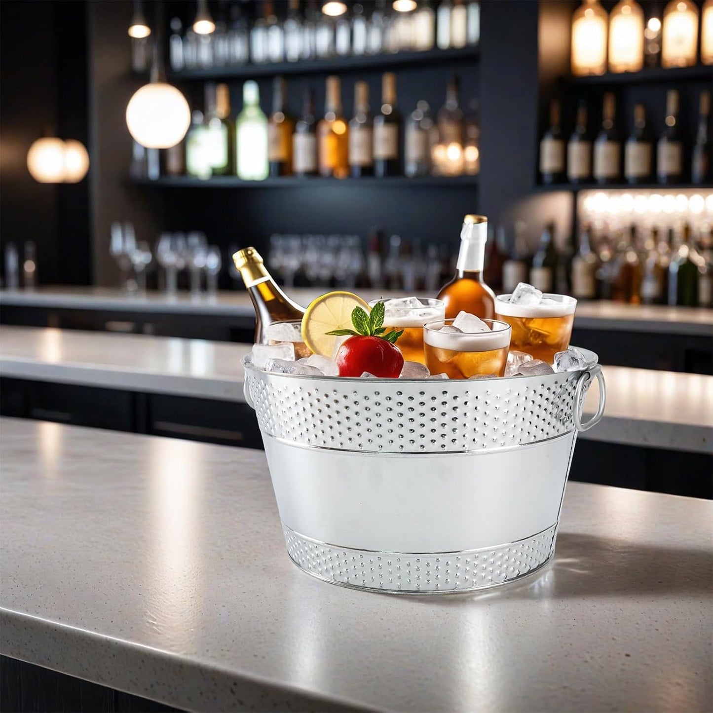 Ice Bucket for Parties Galvanized Beverage Tub, Drink Buckets Galvanized Bucket with Handles for Wine Beer Champagne Cocktails for Catering Bars (Silver-1PC)