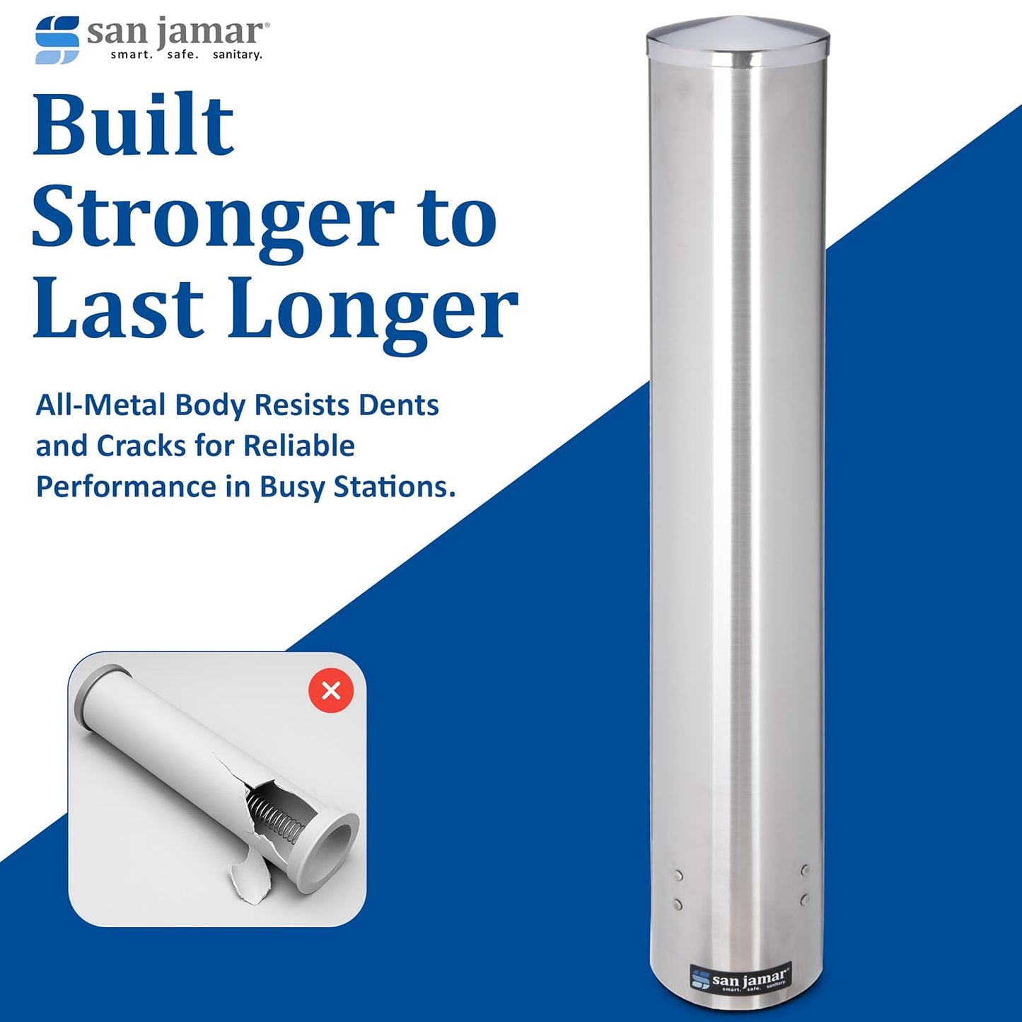 San Jamar 23.5" Pull Type Cup Dispenser – Stainless Steel 12 to 24 Oz Cup Holder with Flip Cap for Restaurants, Dining Halls, Fast Food Beverage Stations, Silver