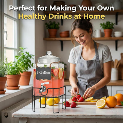Drink Dispenser, Drink Dispensers for Parties, 1 Gallon Glass Beverage Dispenser with Stand and Glass Lid, 100% Leakproof Spigot, Ideal for Lemonade, Juice, Iced Tea, Laundry Detergent