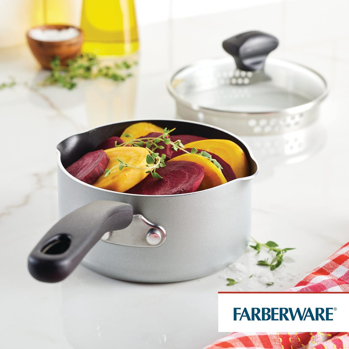 Farberware Cookstart DiamondMax Nonstick Straining Saucepan, 3-Quart, Black