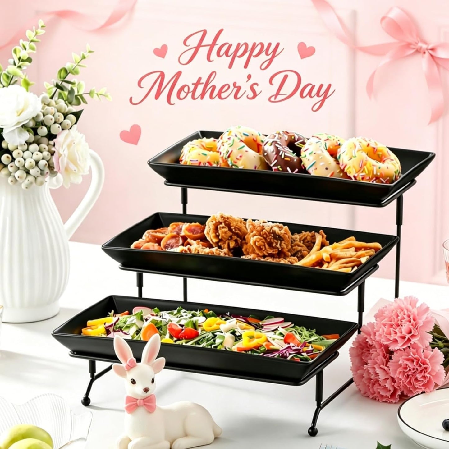 MALACASA 3 Tier Serving Trays for Party, Porcelain Serving Platters and Trays, 12 Inch Tiered Tray Stand, Fruit Tray, Trays for Serving Food, White Dessert Stand with Collapsible Sturdier Metal Rack
