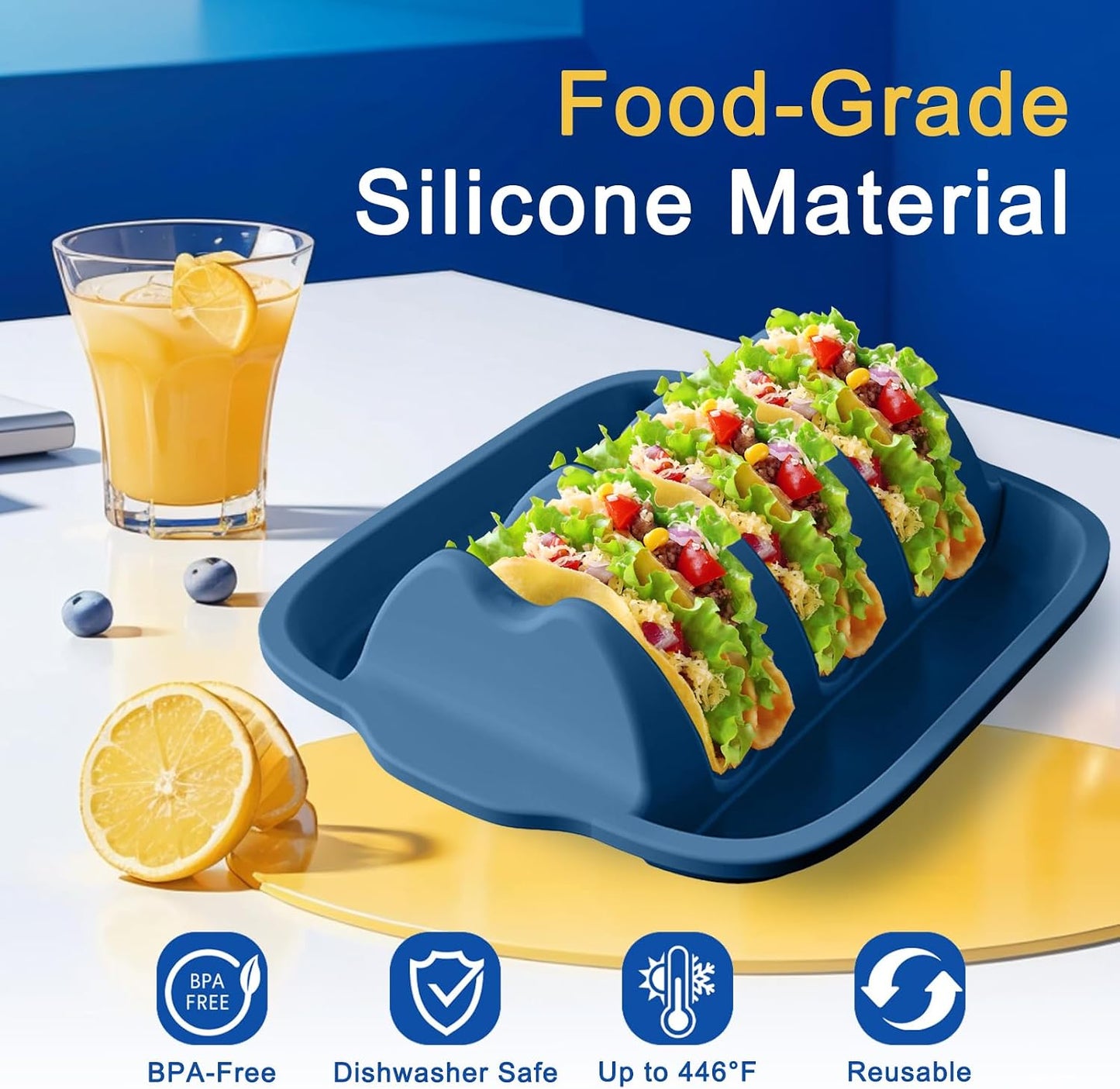 Silicone Taco Holder Set of 4 - Reusable Taco Stands with Dividers, Taco Tuesday Kit for Family Mexican Meals, Non-Slip Sturdy Taco Tray Racks, Dishwasher & Microwave Safe