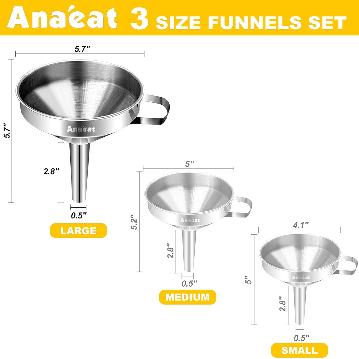 Anaeat Stainless Steel Mini Kitchen Funnel Set, Durable Metal Filling Funnels for Transferring Liquid, Dry ingredients, Cosmetic Lotion, Fluid, Spices, Powder - Food-Grade & High Heat Resistant