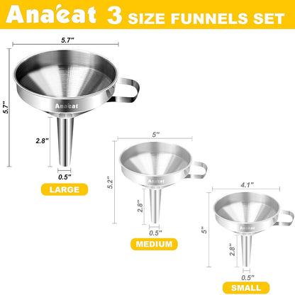 Anaeat Stainless Steel Mini Kitchen Funnel Set, Durable Metal Filling Funnels for Transferring Liquid, Dry ingredients, Cosmetic Lotion, Fluid, Spices, Powder - Food-Grade & High Heat Resistant