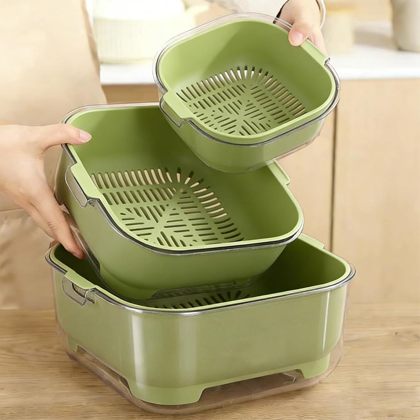 3 Pcs Set Double-Layer Plastic Colander, Large Capacity Food Strainers, Fruits Vegetable Washing Draining Basket, Detachable and Stackable Multi-Layer Strainer Bowl, Easy to Clean for Kitchen (Brown)