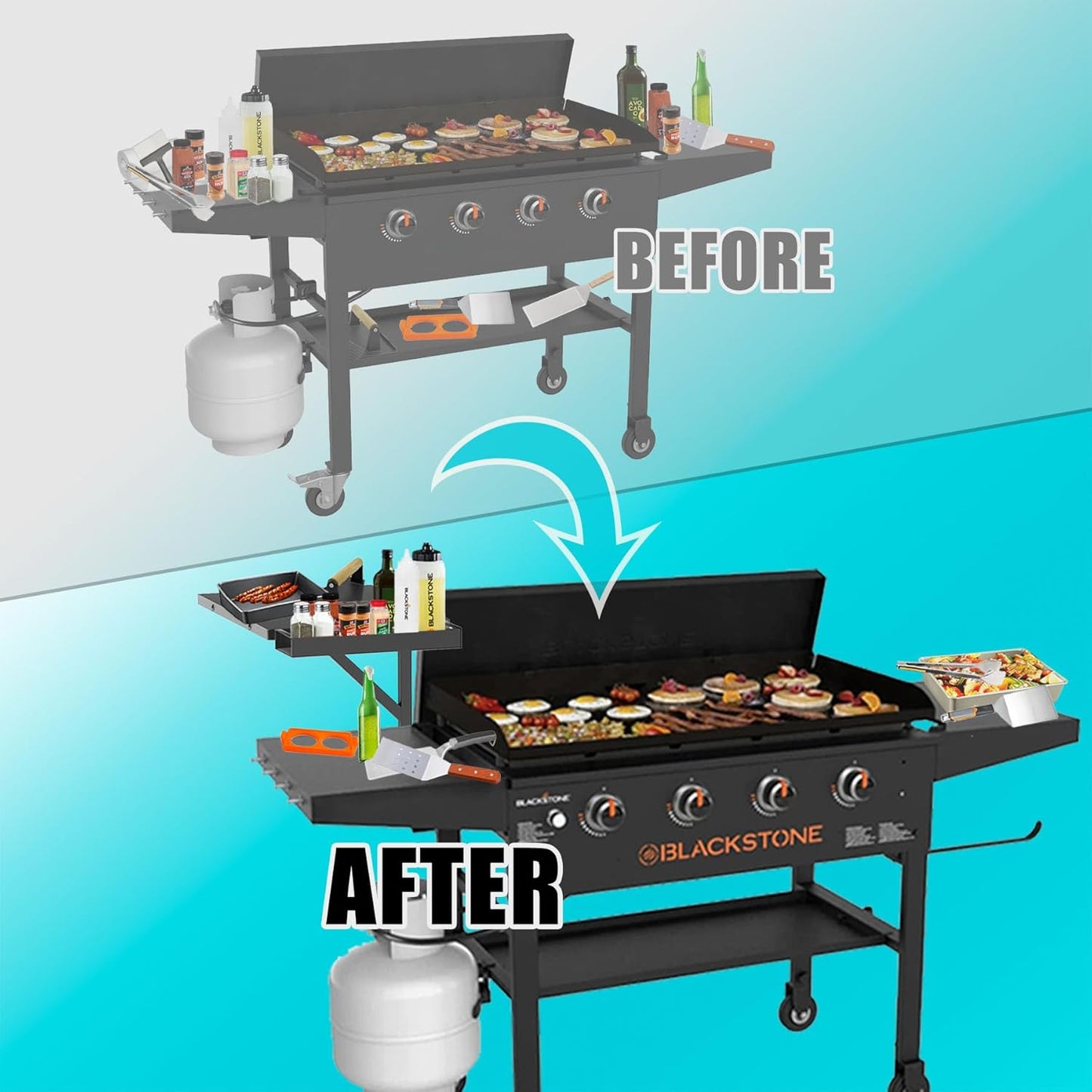 Upper Side Shelf with Griddle Caddy for Blackstone 36″/28″/28XL Griddles, Large Griddle Side Table with Bottle Holder for Easy Access, Blackstone Grill Accessories, Black (2 Pack)
