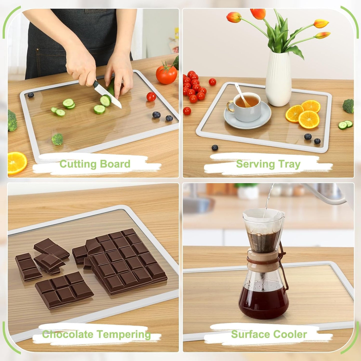 Cutting Board, Tempered Glass Cutting Board for Kitchen Counter, 2Pcs Chopping Board Set with Non-Slip Silicone Edges, Heat Resistant, Dishwasher Safe, Kitchen Decoration