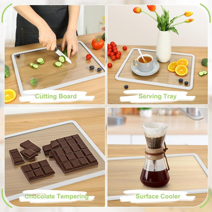 Cutting Board, Tempered Glass Cutting Board for Kitchen Counter, 2Pcs Chopping Board Set with Non-Slip Silicone Edges, Heat Resistant, Dishwasher Safe, Kitchen Decoration
