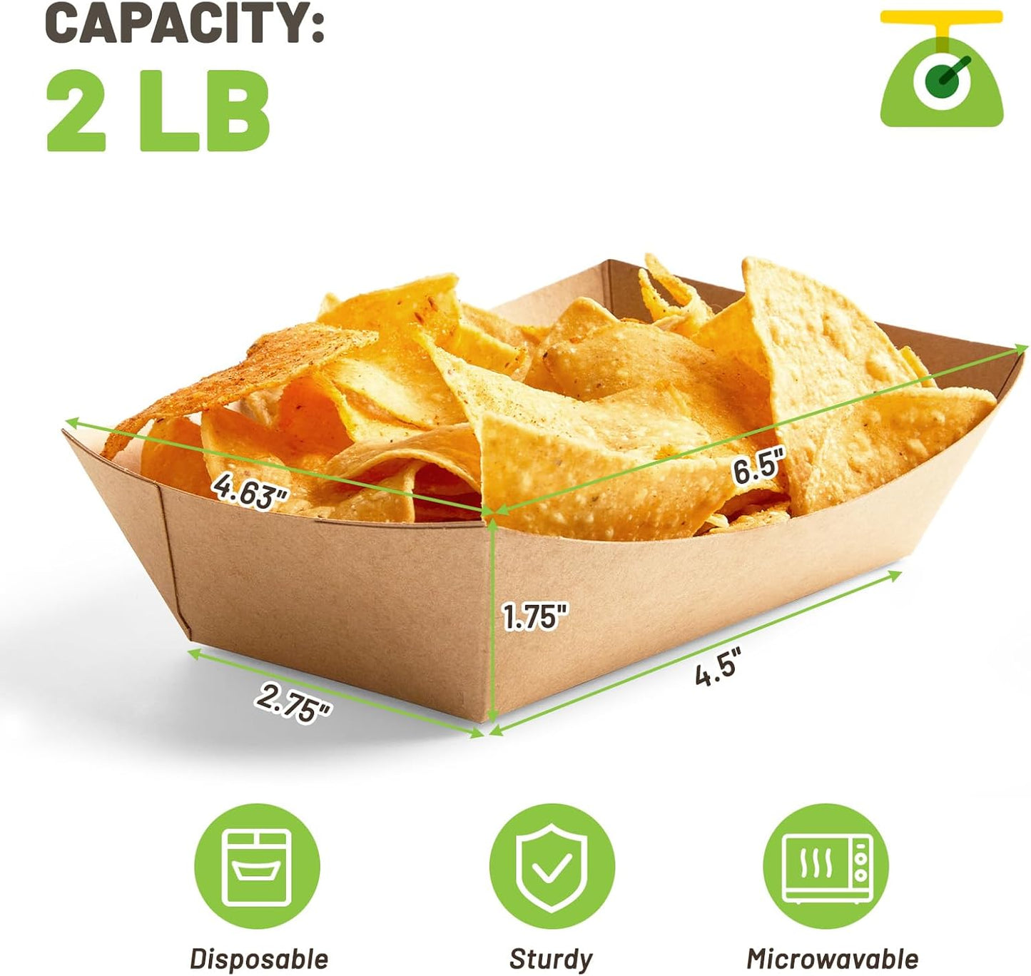 ZORRITA 2 Lb Paper Food Trays - 100 Pack Disposable Nacho Trays Brown Food Boats Take Out Basket Holders for Serving Party Snacks Hot Dogs Tacos Fries