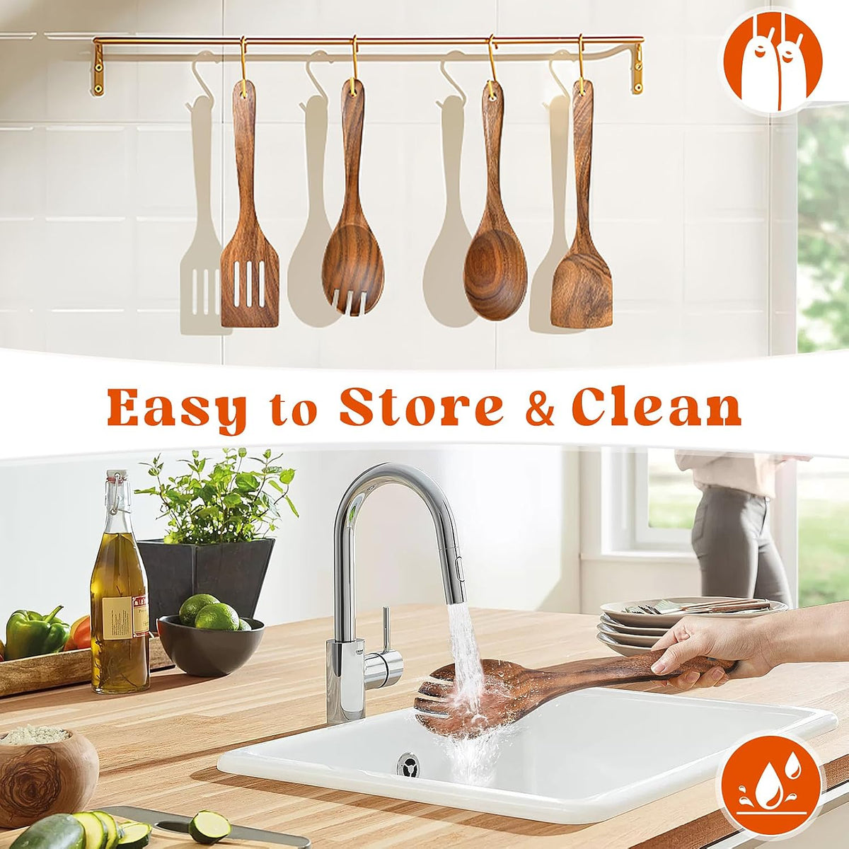Wooden Spatula, Acacia Solid & Slotted Turner Spatula Set, Long Handle Flat Frying Spatulas, Ideal Kitchen Gift for Mother and Grandma, Kitchen Utensils Set for Cooking, Frying, Baking
