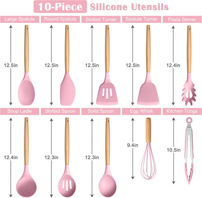 E-far Silicone Cooking Utensils Set, 5-Piece Kitchen Utensils Set with Wooden Handle for Cooking, Silicone Kitchen Nonstick Tools Spatula Turner Slotted Spoons, Nontoxic & Heat Resistant-Khaki