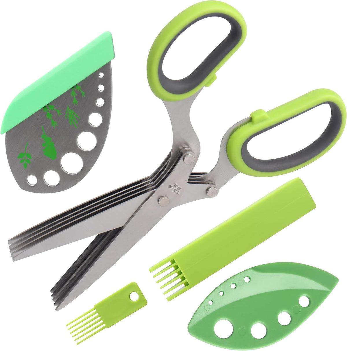 LUVCOSY Herb Scissors Set, Multipurpose 5 Blade Kitchen Shear + Leaf Stripper + Cleaning Comb for Basil, Cilantro, Parsley, Thyme, Rosemary
