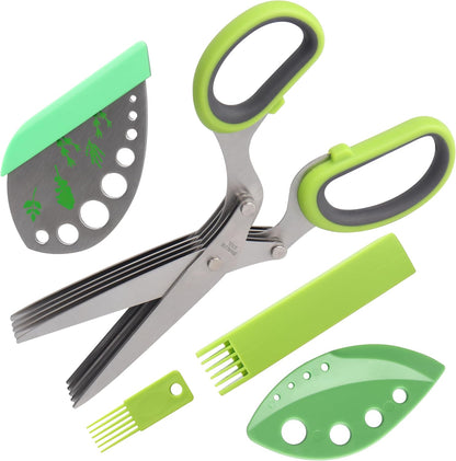 LUVCOSY Herb Scissors Set, Multipurpose 5 Blade Kitchen Shear + Leaf Stripper + Cleaning Comb for Basil, Cilantro, Parsley, Thyme, Rosemary