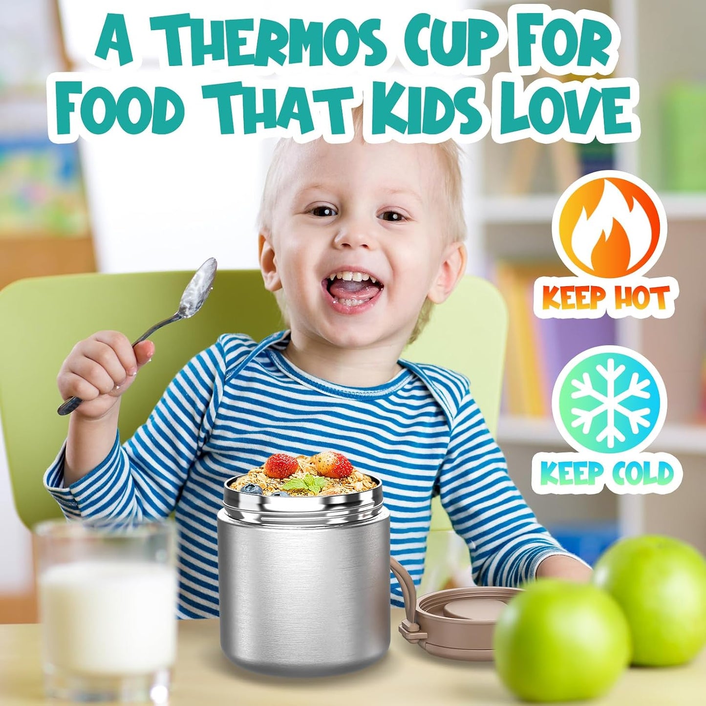 Thermo for Hot Food Kids - 15.2oz, Leak Proof Insulated Food Jar, Soup Thermo, Insulated Lunch Containers, Termos Para Comida Caliente, Wide Mouth Lunch Box with Folding Spoon and Handle