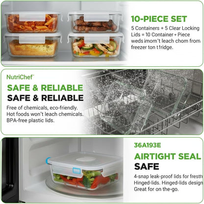 NutriChef 10 Piece Glass Food Storage Containers with Lids – 30 oz Meal Prep Containers Reusable – Airtight Glass Lunch Containers for Food Storage – Freezer to Oven Safe - Gray