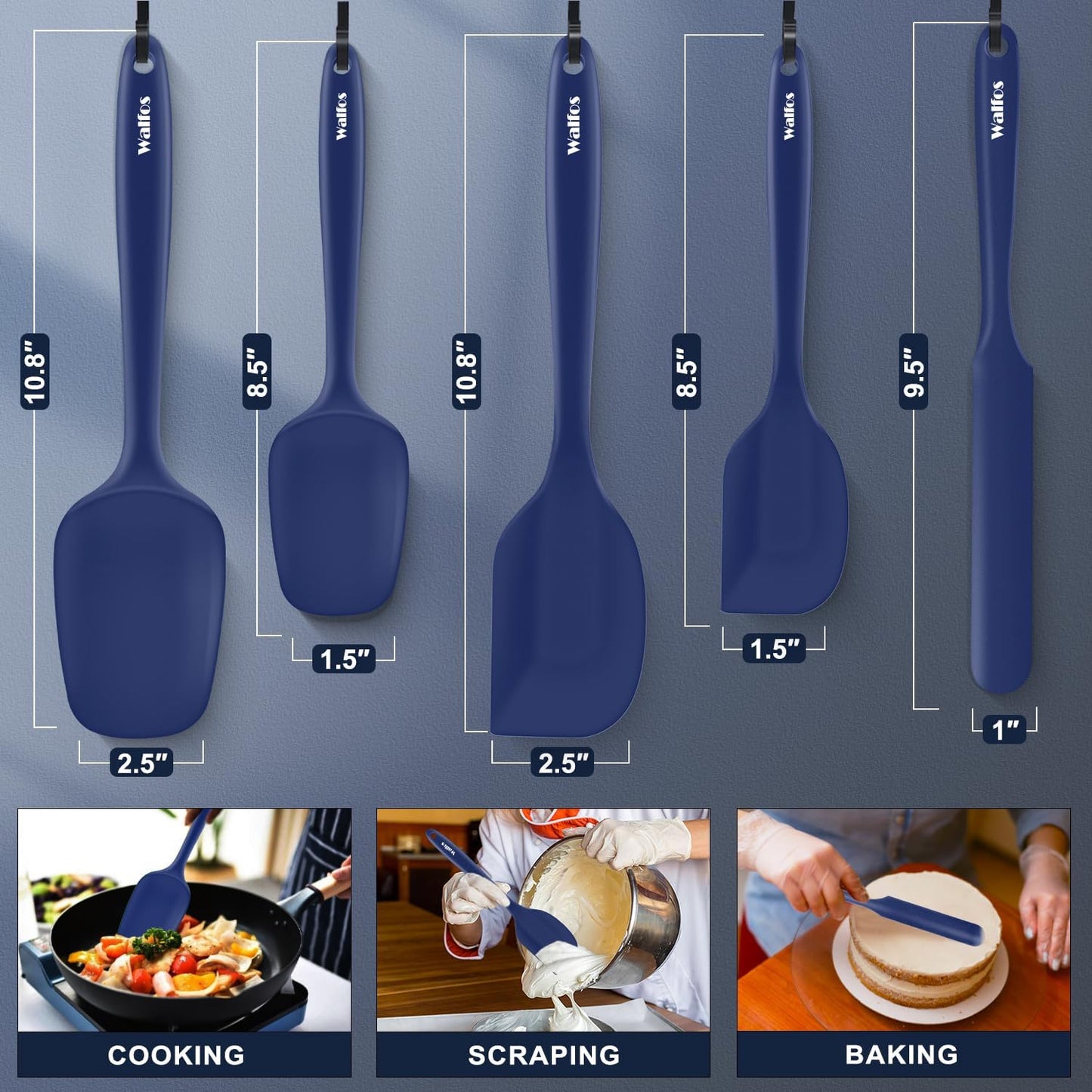 Walfos 600°F High Heat Resistant Silicone Spatula Set of 5- Food Grade Rubber Spatula Set for Baking Cooking & Mixing - BPA Free, Non Stick and Dishwasher Safe,black