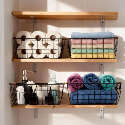 Wire Basket 4 Pcs Wire Storage Baskets Wire Baskets Organizing with Wooden Handles Wire Basket Pantry Organization and Storage Metal Wire Food Storage Basket for Kitchen, Cabinets (Black 4PCS)