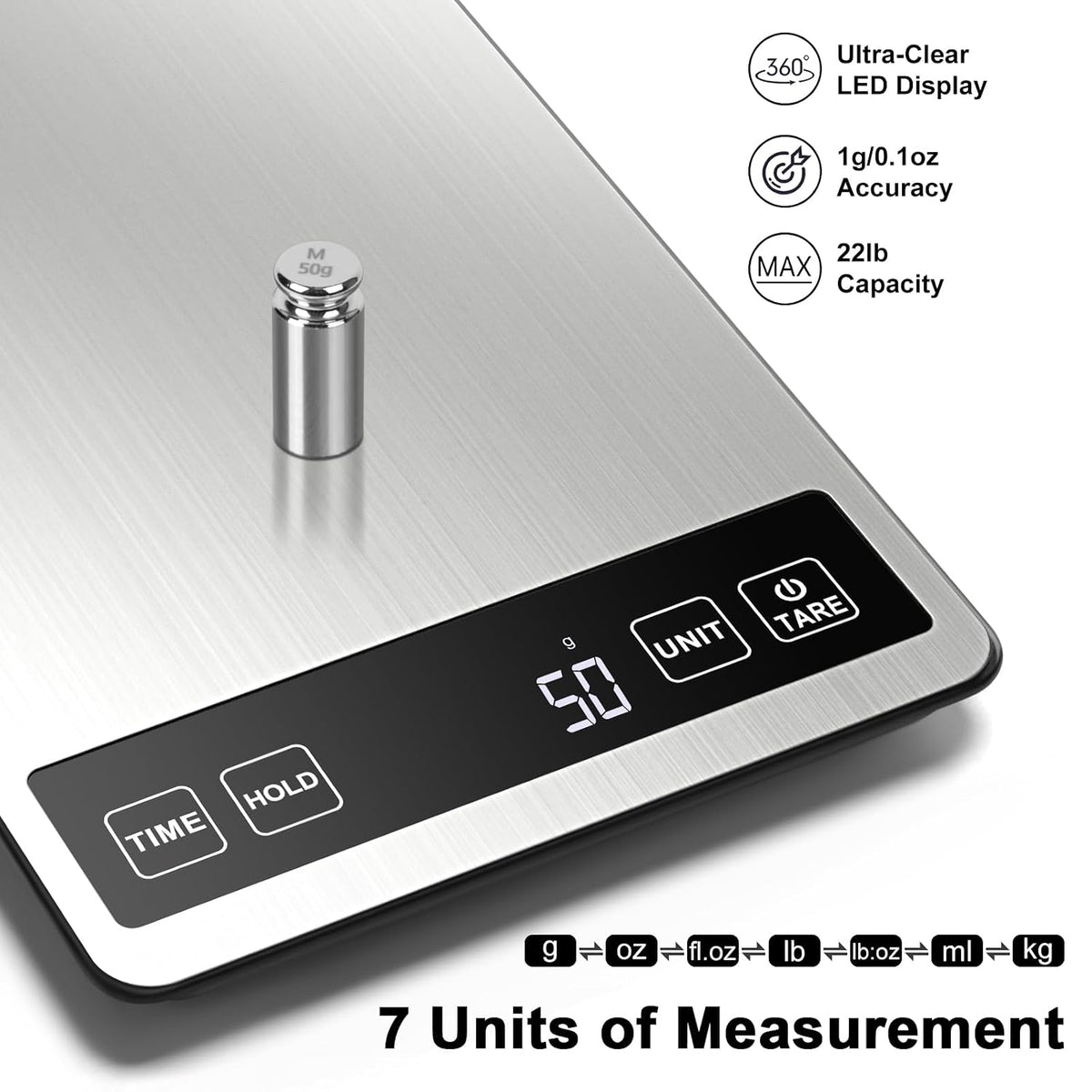 Fuzion Food Scale, 22lb/0.1oz Digital Kitchen Scale - 7 Units, Tare & PCS