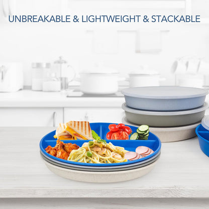 greenandlife 9 Inch 4PCS Portion Control Plates with Lids, Divided Plates for Kids Adults, Dishwasher Microwave Safe Compartment Plate, Unbreakable Lightweight Reusable Wheat Straw Plate, Earth Tone