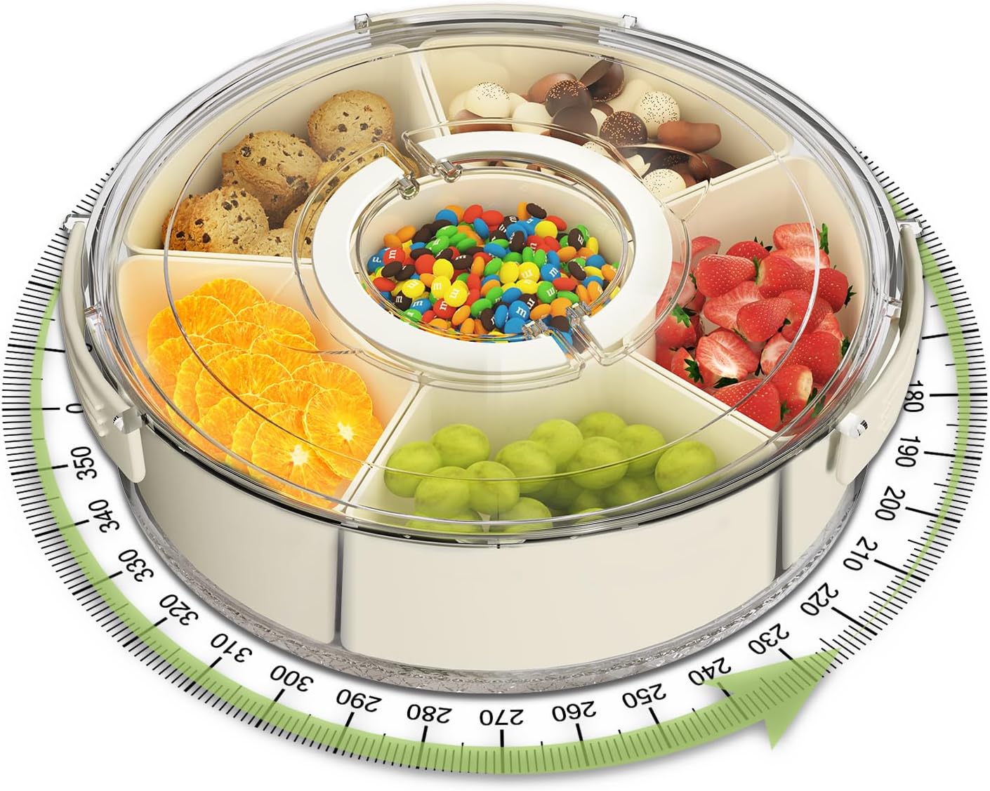 Divided Serving Tray with Lid and Handle, Portable Snackle Box for Veggie, Fruit Snacks Organizer, Clear Snack Spinner Container for Outdoor, Kitchen, Party, Travel