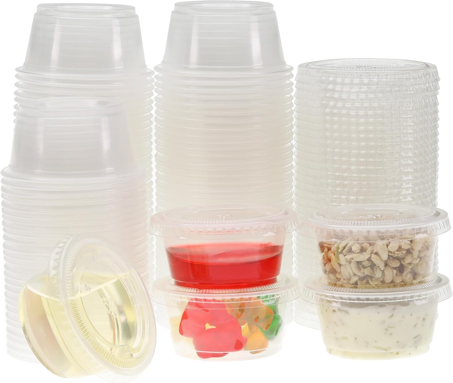 Freshware Plastic Portion Cups with Lids [2 Ounce, 200 Sets] Disposable Plastic Cups for Meal Prep, Salad Dressing, Jellos Shot Cups, Souffle Cups, Condiment and Dipping Sauce Cups