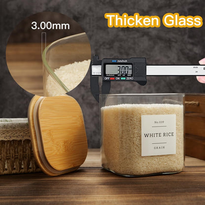 Large glass flour and sugar containers with 132 Kitchen Pantry Labels - 110 oz Glass Food Storage Containers with Airtight Lids - Square Glass Jars with Bamboo Lids for Rice, Pasta, Cookies, grain