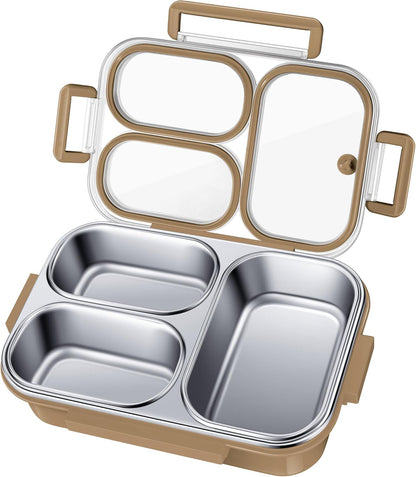 KTKUDY Stainless Steel Bento Box for Kids & Adults - 25 oz - Leakproof 3 Compartment Metal Lunch Container - 18/8 Stainless Steel Lunch Box Kids - Ideal for School, Office & Outdoor (Cream)