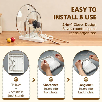 2 in 1 Pot Lid Holder & Spoon Rest for Kitchen Counter, Plastic Utensil Rest with Stainless Steel Pan Lid Holder Organizer While Cooking, Countertop Space Saving Pot Cover Rack | Easy to Clean