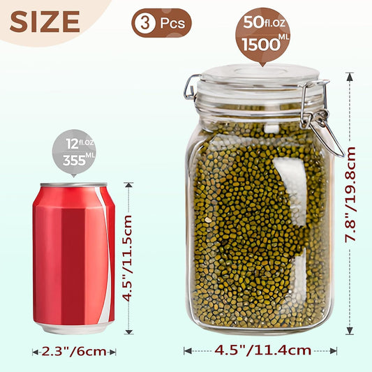 Clear Food Storage Jars 78oz Square, Airtight Glass Canister with Lids Set of 3, Kitchen & Pantry Organization Food Storage Container for Canning, Sugar, Flour, Candy, Cereal, Coffee