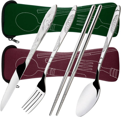 SENHAI 8 Pieces Flatware Sets Knife, Fork, Spoon, Chopsticks, 2 Pack Rustproof Stainless Steel Tableware Dinnerware with Carrying Case for Traveling Camping Picnic Working Hiking