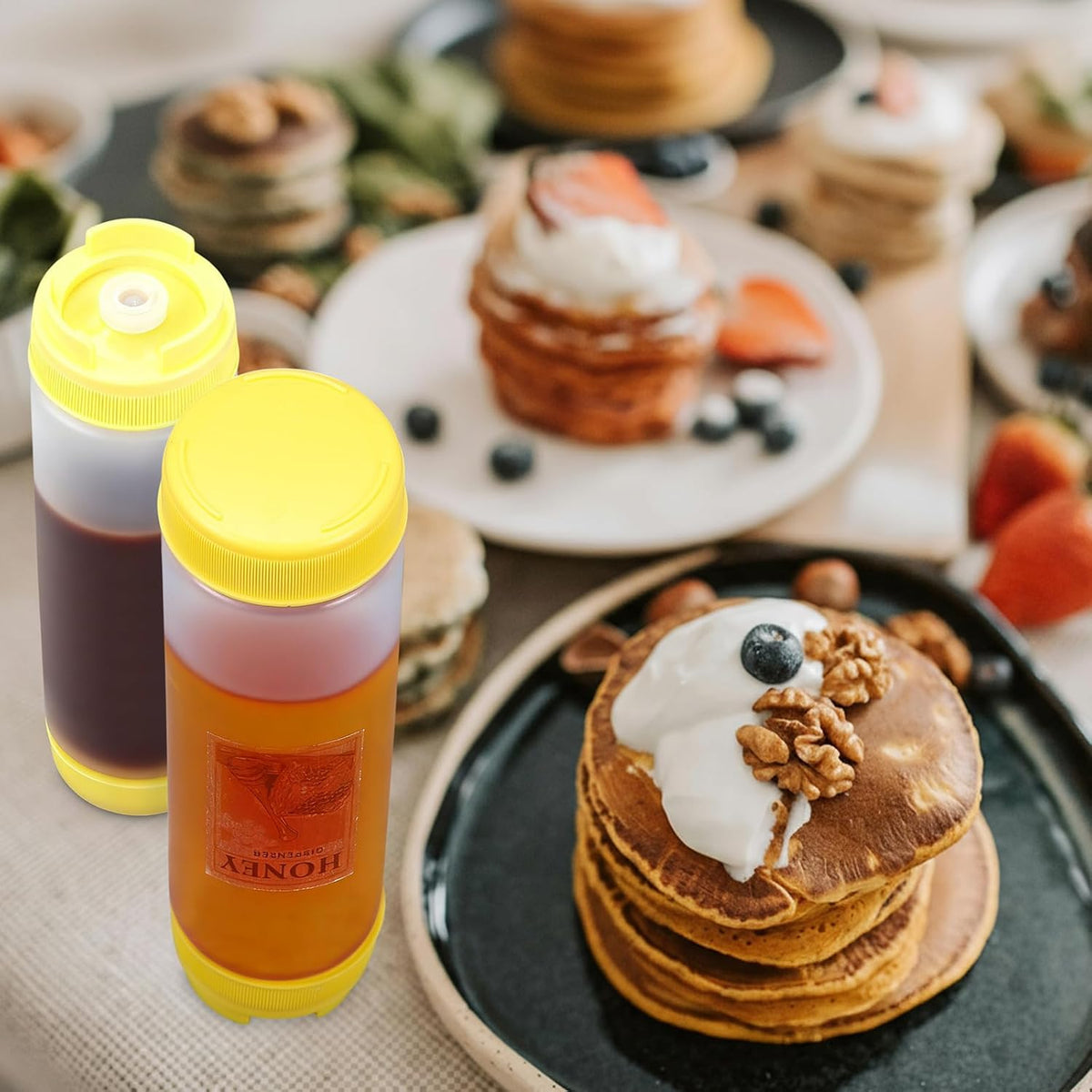 Patelai 2 Pcs Honey Dispenser No Drip, 16 oz Inverted Plastic Silicone Large Valve Honey Dispenser Bottles, Refillable Condiment Squeeze Bottle for Syrup, Agave, Salad Dressing, Ketchup, Breakfast Use