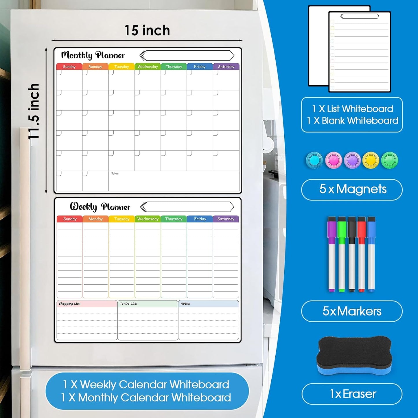 MaxGear 4 Pack Magnetic Fridge Calendar Set, 15" x 11.5" Dry Erase Whiteboard Calendar for Refrigerator, Includes Monthly, Weekly, List and Small Board with 5 Markers, 1 Eraser and 5 Magnets