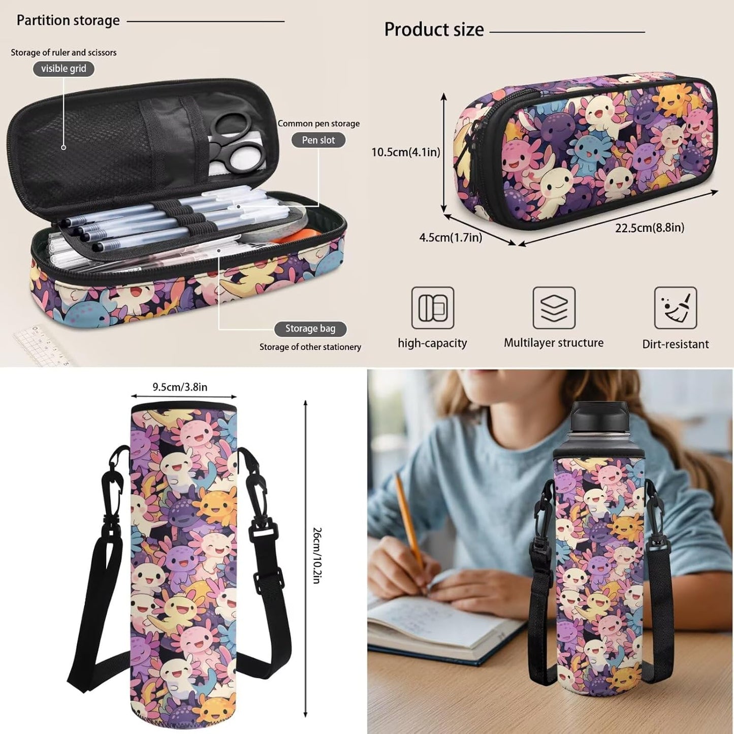 Cute Capybara Pizza Backpack for Girls, 5 Pcs Boys School Bag Set for Kids, 17 Inch Backpacks Lunch Pencil Box Reusable Utensils Case Set for Middle Elementary School, 3rd Grade Backpack