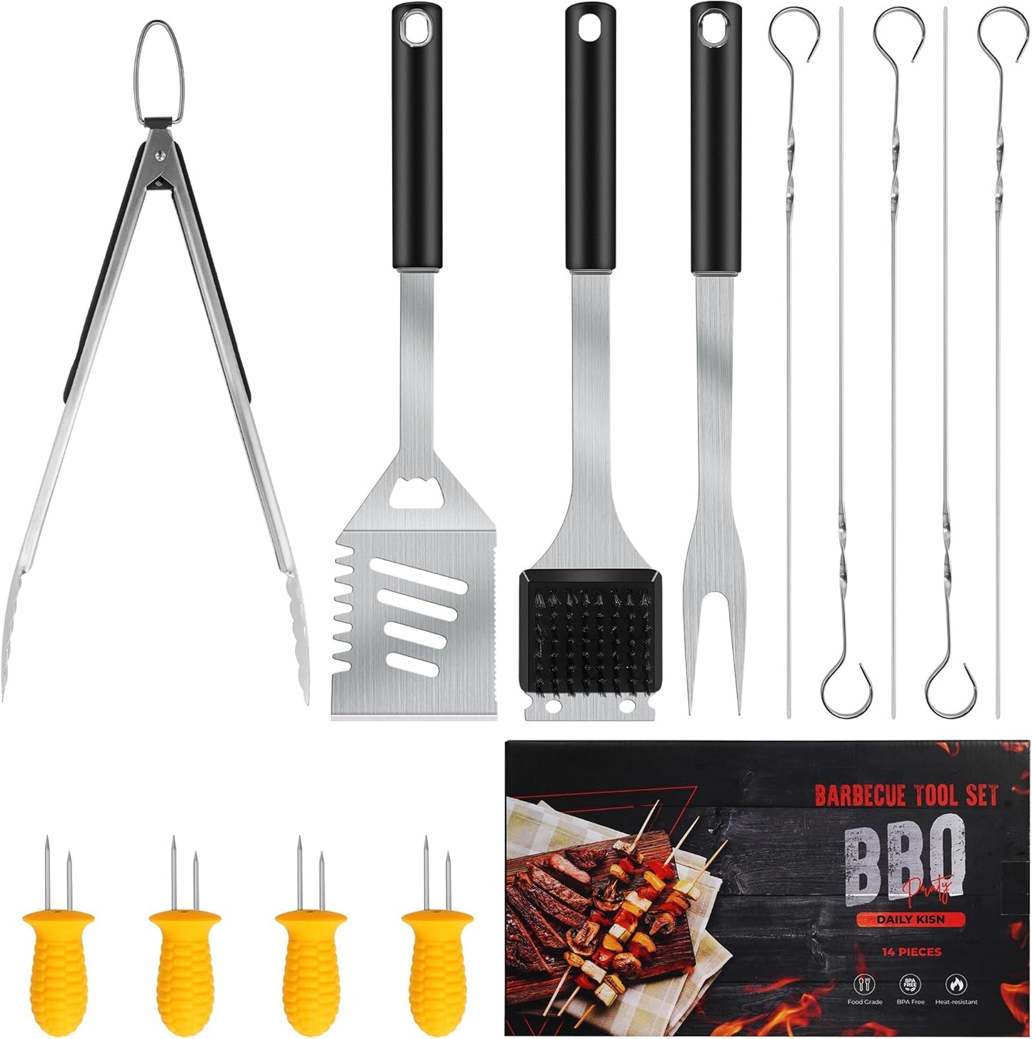 Grill Accessories Kit, Grill Tool Set with 4-in-1 BBQ Spatula, Fork, Tongs, Cleaner Brush, Skewers, Silicone Corn Holders, Silicone Brush, Grilling Gift Set for Men and Women