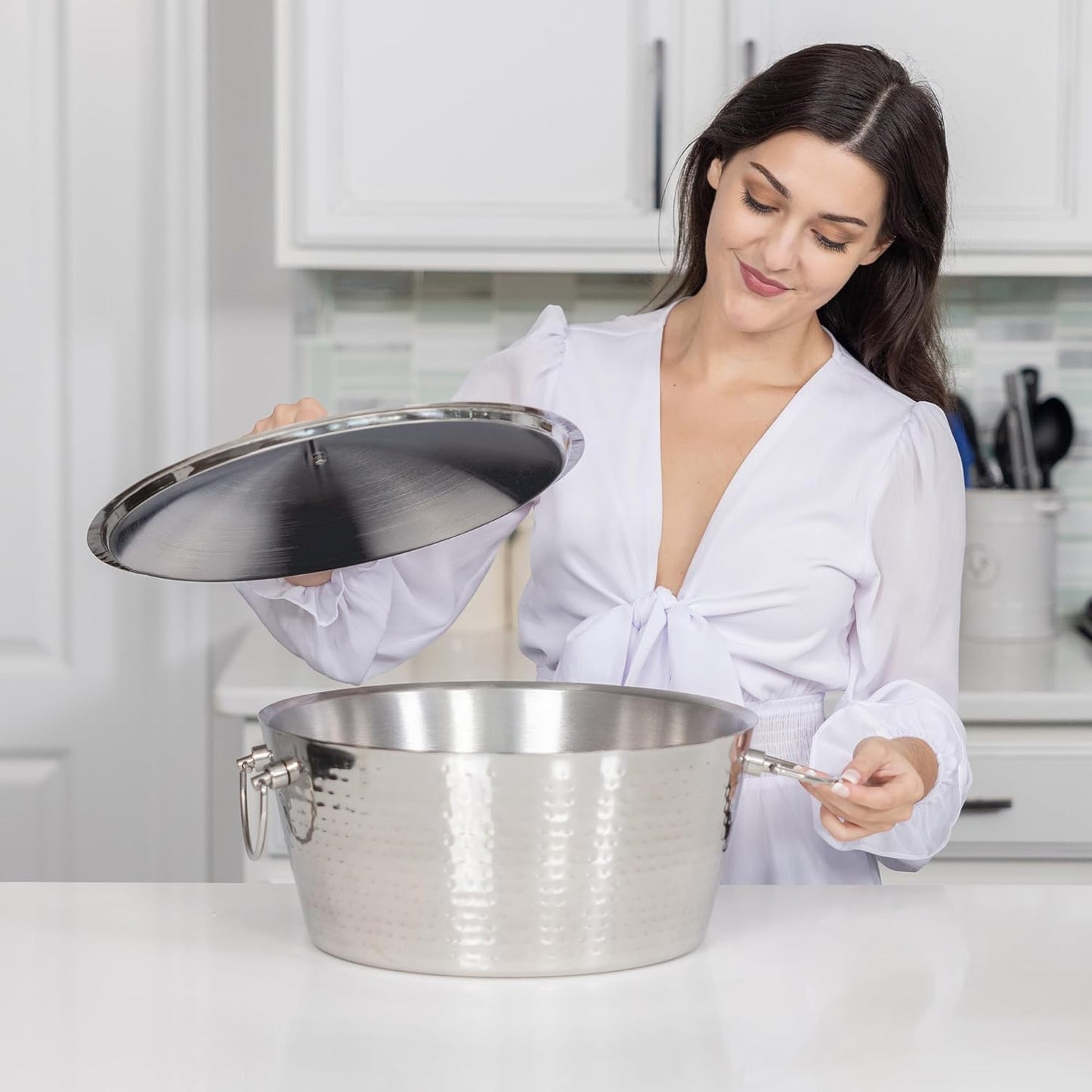 Insulated Stainless Steel Large Ice Bucket with Lid for Parties, Anchored Metal Ice & Beverage , Champagne Bucket for Extended Chill - 12-Quarts