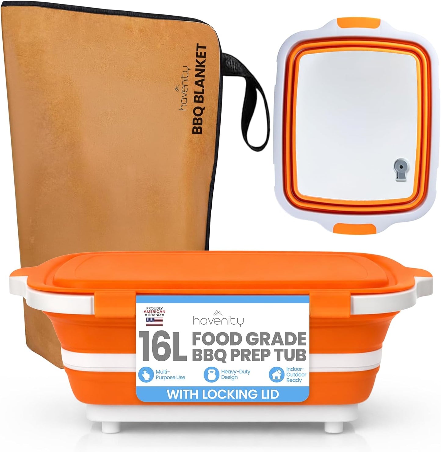 BBQ Prep Tub with BBQ Blanket, 16L Multifunctional Camping Cutting Board with Locking Lid, Reusable Meat Resting Bag for Smoking, Collapsible Dish Basin for Marinating Food (Large 16L)