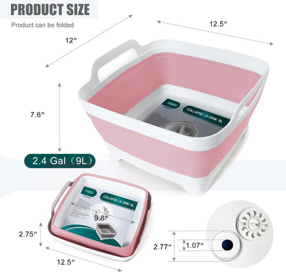 FOSJGO Collapsible Dish Basin with Drain Plug, Foldable Sink, 2.4 Gal (9L)