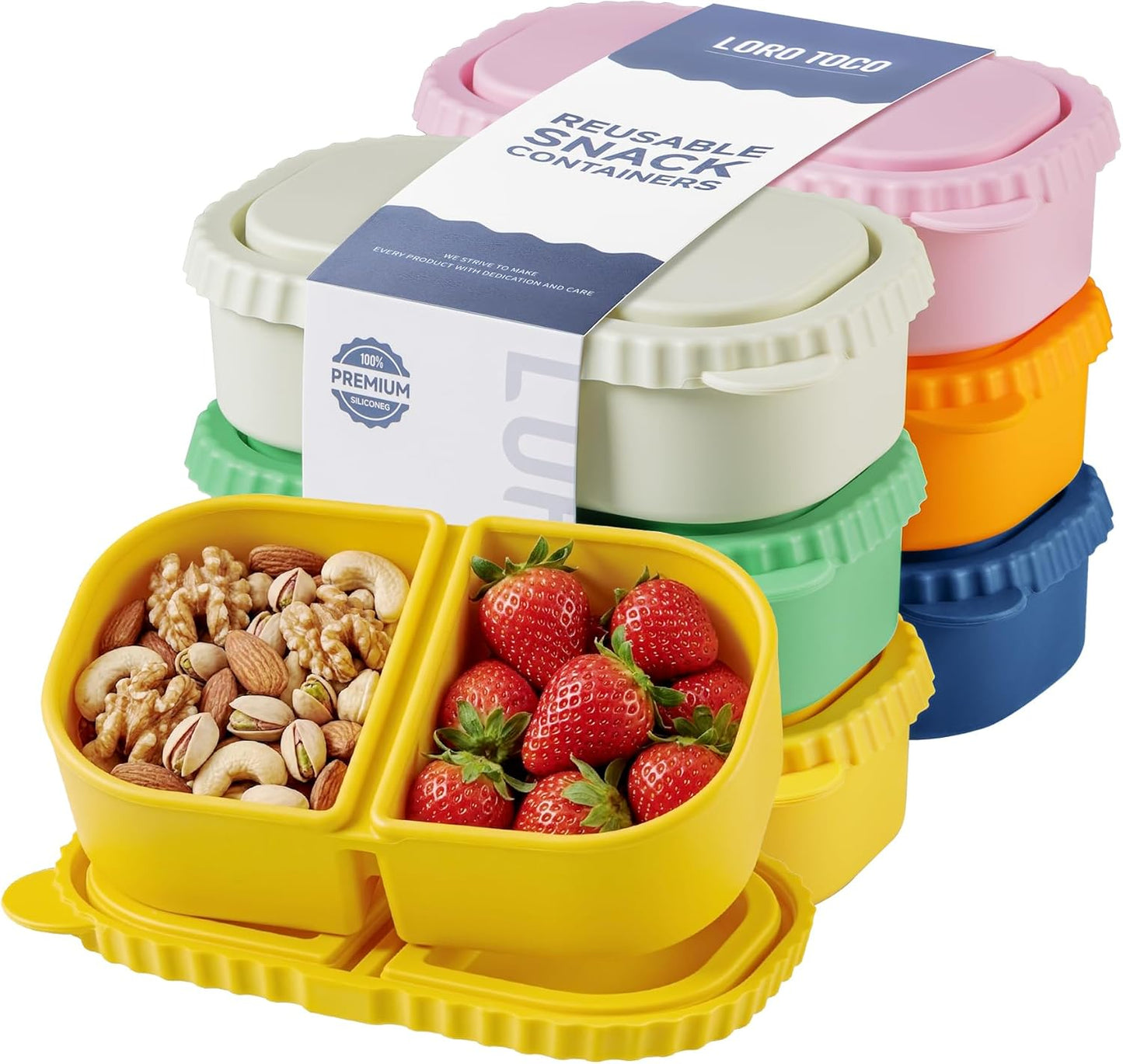 Silicone Reusable Snack Containers with Lids, 4 Pack 3 Compartment Bento Snack Boxes, Leakproof Food Storage Containers for Meal Prep, Lunch, Fruits, Kids & Adults, Dishwasher Safe