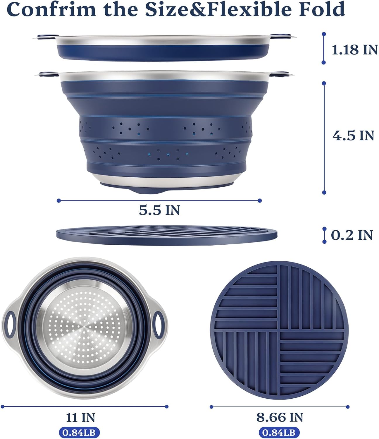 Collapsible Colander Set with Silicone Mat,2-in-1 Stainless Steel Colander for Kitchen, Foldable Metal Colander, Space-Saving for Pasta Veggies Fruit(NAVY BLUE)