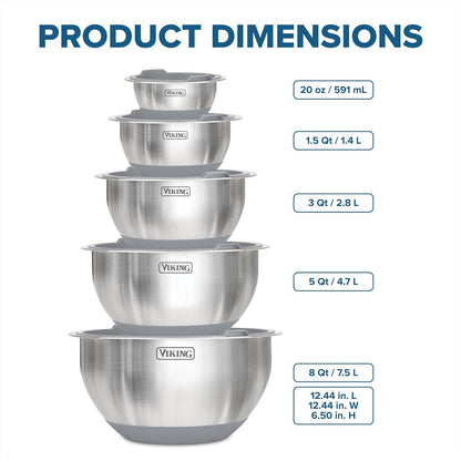 Viking Mixing Bowls Set, 10 Piece Stainless Steel Kitchen Cookware, Non-Slip Silicone Base, Includes Tight Fit Lids, Dishwasher Safe, Grey