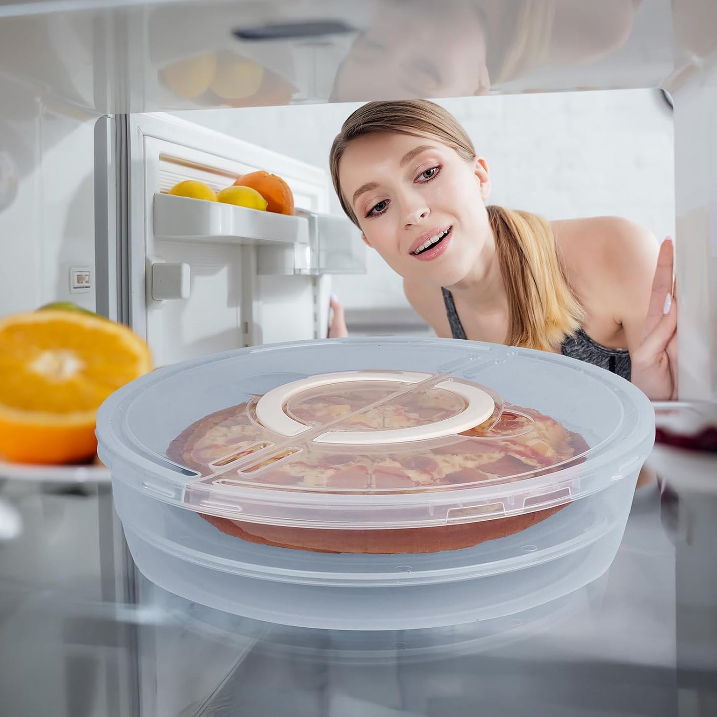Pizza Storage Container Set, Reusable Pizza Container for Leftover Pizza, Pie Carrier with Lid and Handle, Pie Storage Container & Pie Holder(2/3 Pack + Egg Tray) (2 containers with egg tray)
