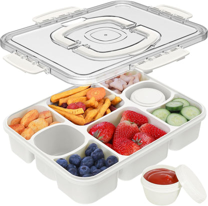 Caperci Snackle Box Container with 2 Sauce Cups - Large 8-Compartment Divided Serving Tray with Lid & Handle, Portable Snack Tray for Travel, Hold 10 Cups, Leak-Proof, Dishwasher Safe, BPA-Free