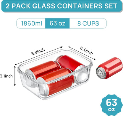 Vtopmart 2Pack 2260ml/ 76.4oz Large Glass Containers Food Storage with Lids, Meal Prep Food Container Set with Snap Airtight Lid for Baking, Microwave, Oven, Leak Proof, for Freezer, Dishwasher, Green